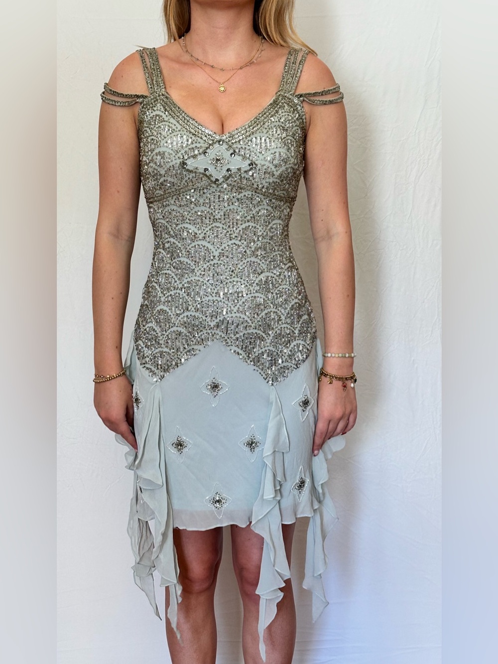Sue Wong Silver-Beaded Pale Sage Cold-Shoulder Mini Dress